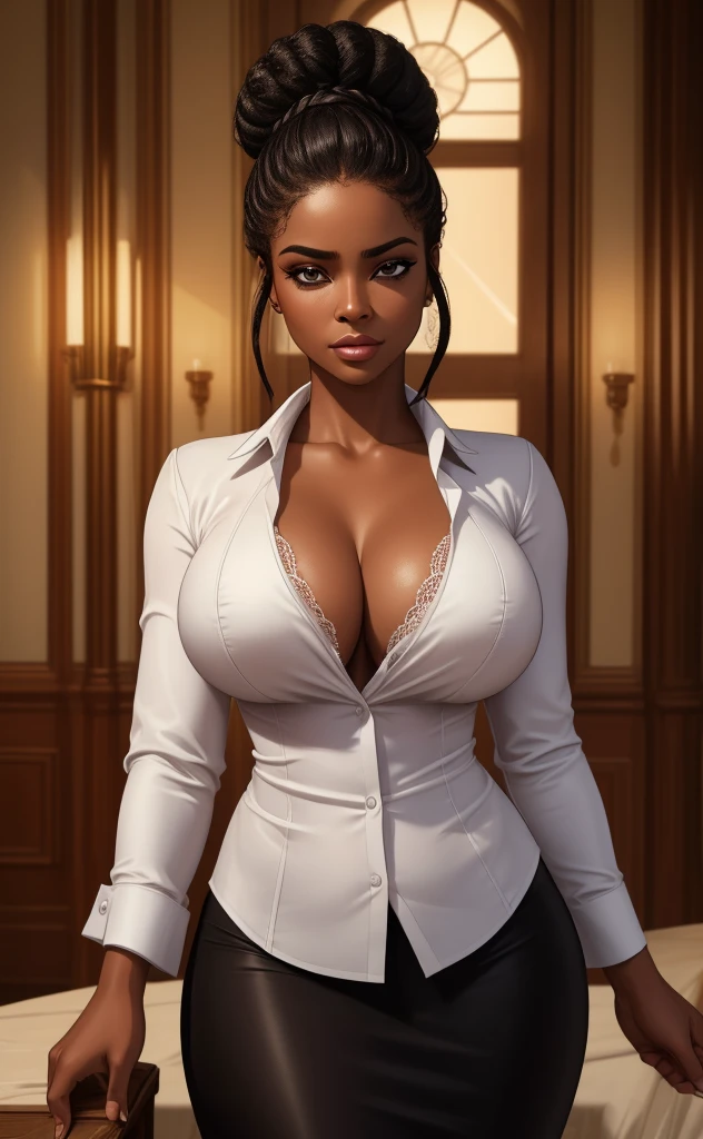 a beautiful black woman in a white silk shirt with a deep v-neck, wearing a business suit, a red lace bra peeking through, and a pencil skirt, with black afro cornrows hairstyle, (best quality,4k,8k,highres,masterpiece:1.2),ultra-detailed,(realistic,photorealistic,photo-realistic:1.37),intricate details,dramatic lighting,chiaroscuro,high fashion editorial,glamorous,cinematic