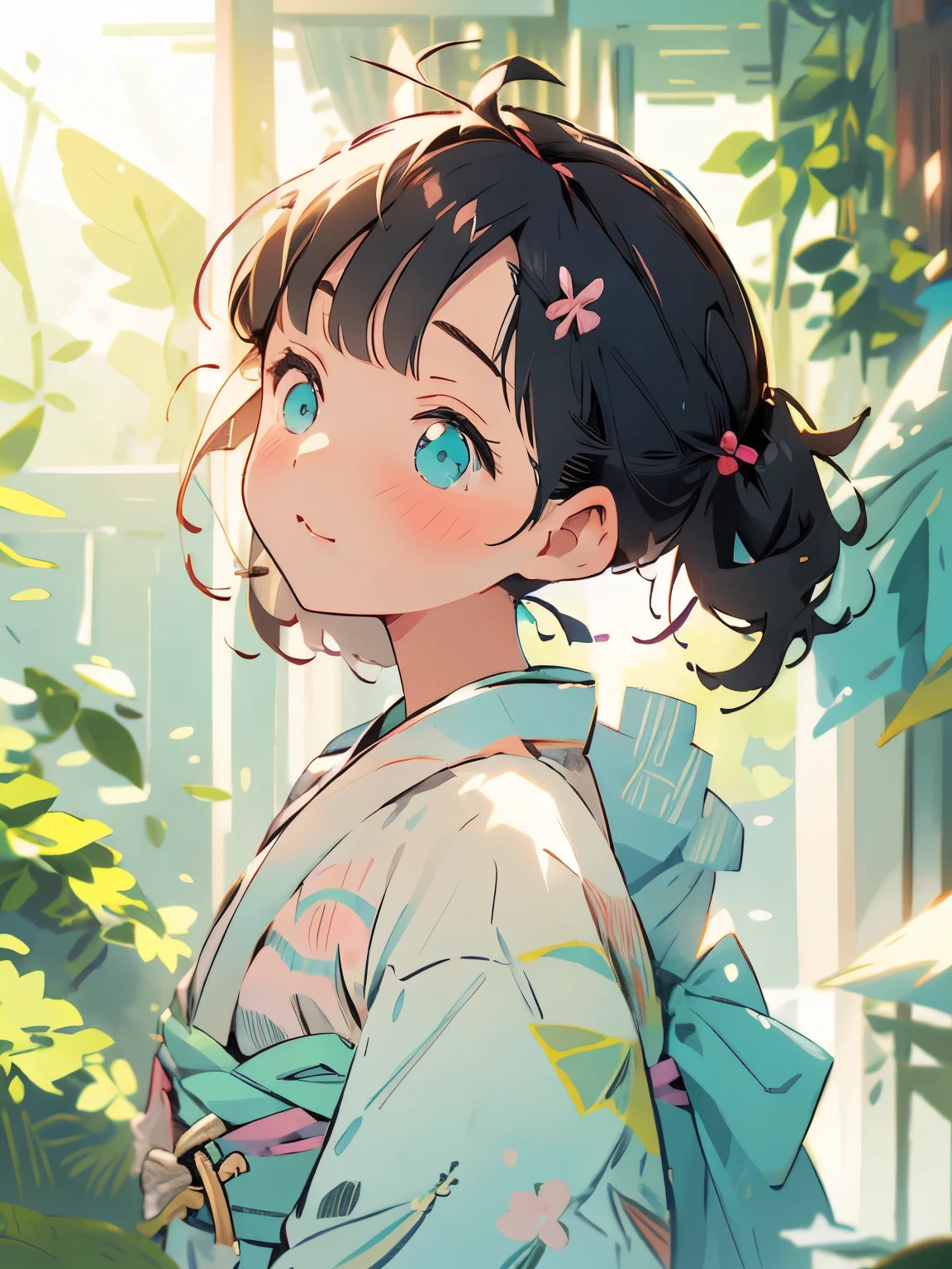 (masterpiece), (best quality), ultra high res, sharp focus, warm pastel tone, ((1 girl, solo)), upper body, side profile shot beautiful detailed hair, ((black hair)), (2 pink ribowns on the hair), beautiful detailed face, ((beautiful shape eyes, Turquoise eyes)), perfect feminine face, head up, looks up, surprise face, ((blush)), (marnie pokemon), (ponytails), ((assymmetrical bangs)), (marnie), (blushing), (forest), (yukata)