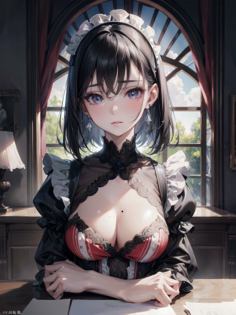absurdres, RAW photo, extremely delicate and beautiful, masterpiece, Best Quality, ultra high resolution, 32k, hyperrealistic, ultra-detailed, delicate facial features, beautiful detailed woman, tearful mole, earring, medium breasts, full body shot, medium hair, black hair, maid costume,