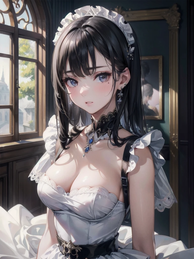 absurdres, RAW photo, extremely delicate and beautiful, masterpiece, Best Quality, ultra high resolution, 32k, hyperrealistic, ultra-detailed, delicate facial features, beautiful detailed woman, tearful mole, earring, medium breasts, full body shot, medium hair, black hair, maid costume,