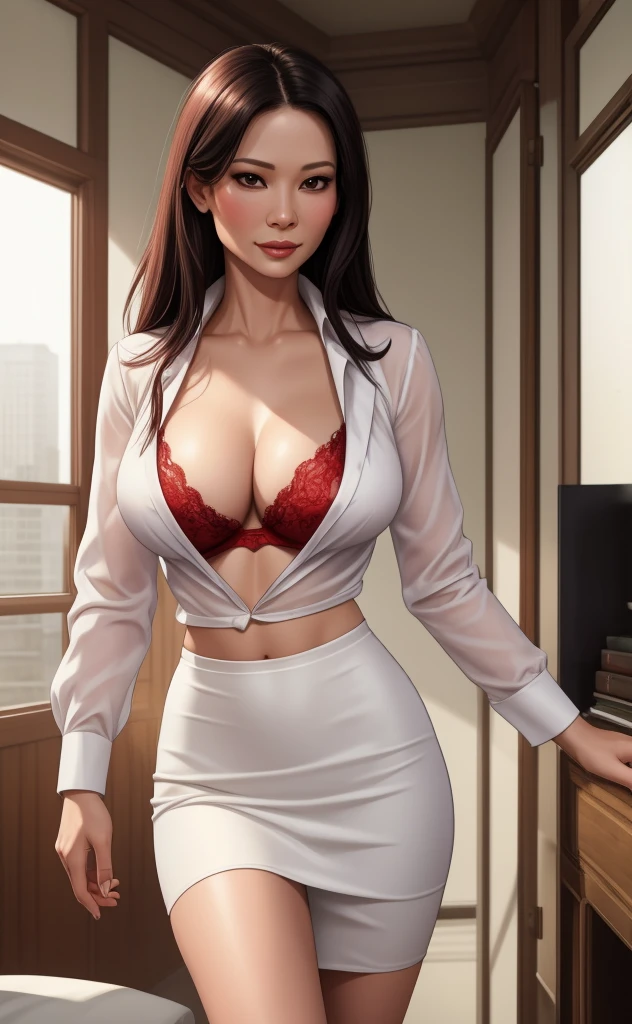 white silk shirt, deep v neck, business suit, , red lace bra, pencil skirt, Lucy Liu