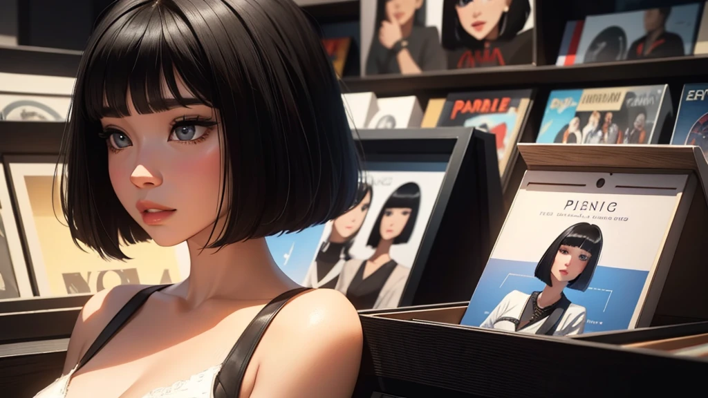 best quality,Perfect masterpiece,perfect work of art,8K, A very detailed beautiful woman, Perfect face,Black Hair, bob cut,Bangs, Gray eyes,Record store background, Super detailed, delicate face, Pearl Illusion, fashion trends,panoramic, long shot,HD,Detailed performance,C4D,3d,Octane Rendering,Ray tracing,Intricate details,animated lighting,Renderer,8K,