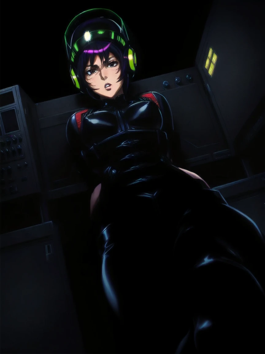 ((gothic vampire piloting in gothic spacecraft)), (((retro anime))), (from below), ((120 fov)), ((((gothic control panels)))), ((mature)), (((gothic))), iridescent bodysuit, ((lace accessories)), ((pilot seat)), ((((lying back)) pose)), ((elegant)), (((serious tone))), ((cockpit top control panel)), intricate control panel details, (close-up), 1990s (style), [blushing], [sweat], masterpiece, ((claustrophobic)), sparkles, best quality, screens, ((pilot helmet)), ((hands on controls)), night, (colorful cockpit lights)