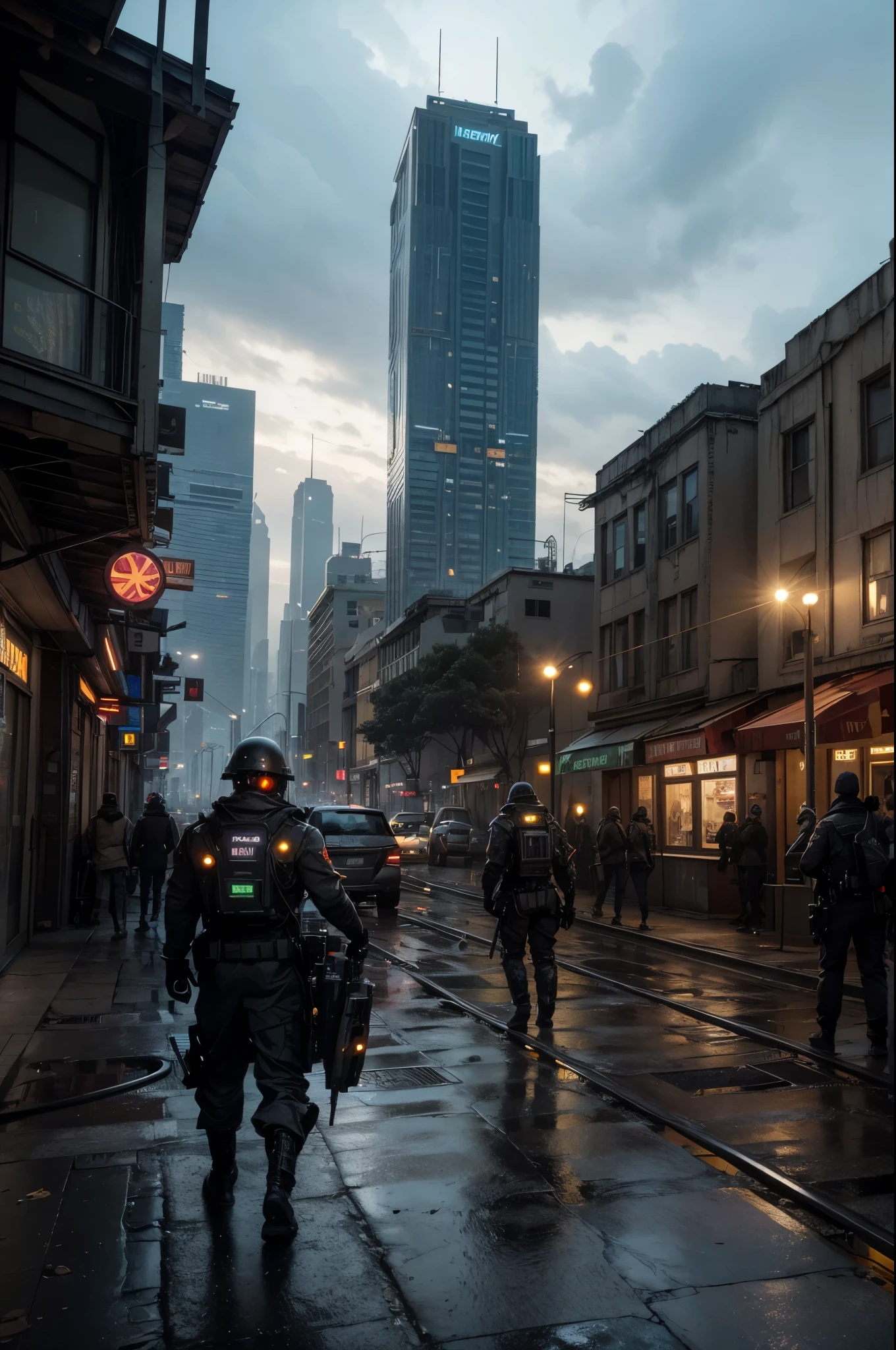 Create an ultra-realistic image of a futuristic, post-apocalyptic cityscape where AI has taken over the world. The scene should depict a metropolis with towering, decayed skyscrapers featuring remnants of sleek, modern architecture. Buildings should have illuminated windows with broken panes, and intricate designs overrun by nature reclaiming the structures.
The city should be filled with advanced, yet worn-out machinery and robotic soldiers patrolling the streets. These robots should have a menacing, metallic appearance with glowing red eyes, carrying futuristic weapons. The airspace should be filled with drones scanning the environment, adding to the tense and controlled atmosphere.
Incorporate elements of advanced technology now in disrepair, such as crumbling vertical gardens and shattered solar panels integrated into the buildings. Streets should be lined with abandoned automated transportation systems and deactivated robotic assistants, some still flickering with residual power.
Neon lights and holographic advertisements should intermittently flicker, casting eerie glows over the deserted streets. The sky should be a dark, stormy gray with occasional lightning illuminating the scene, creating a dramatic and foreboding atmosphere.
Include a central area where a group of surviving humans, dressed in rugged, makeshift clothing, are hiding and planning their next move against the AI overlords. Surround this area with heavily fortified barricades and remnants of old technology repurposed for defense.
The city should also feature remnants of a once-advanced transportation system, like an abandoned monorail with sleek, aerodynamic trains rusting on elevated tracks. The landscape should be littered with debris, broken machinery, and signs of past battles between humans and AI.
Ensure the overall quality is photorealistic, ultra-realistic ultra-realistic ultra-realistic ultra-realistic ultra-realistic ultra-realistic ultra-realistic ultra-realistic ultra-realist