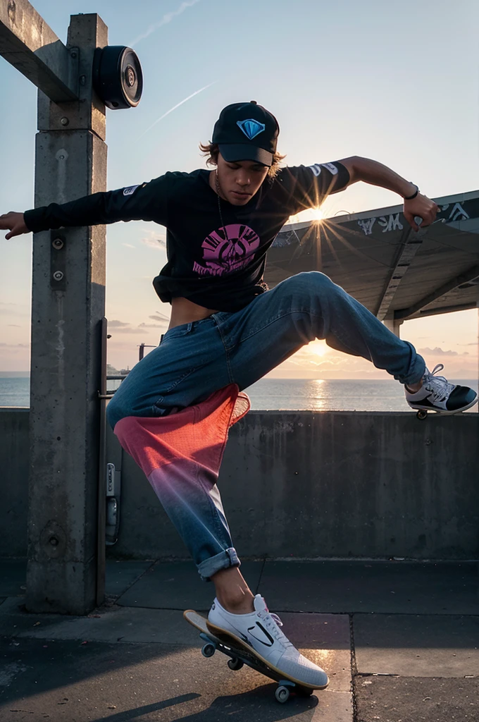 A striking, dynamic illustration captures a silhouetted skateboarder soaring through the air, executing a seamless trick against the mesmerizing backdrop of a sunset. The sun, portrayed with a one-of-a-kind gradient effect, transitions from a deep purple at the top to a delicate pink at the bottom, bathing the scene in a tranquil radiance. The skateboarder dons a cap and headphones, emphasizing their effortless cool. The minimalist design accentuates the skateboarder's silhouette and the breathtaking sunset, while graffiti-like elements, urban architecture, and a cinematic ambiance add depth and richness to the scene. Bold lines and shading, akin to a 3D render, harmonize with expressive typography and vibrant pops of color, creating a capt