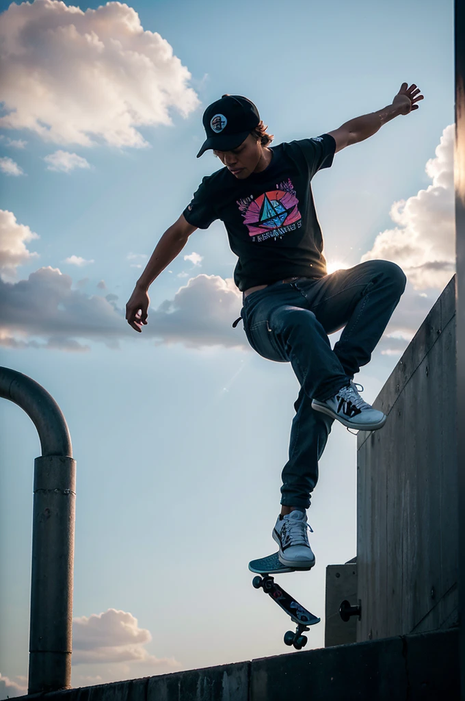 A striking, dynamic illustration captures a silhouetted skateboarder soaring through the air, executing a seamless trick against the mesmerizing backdrop of a sunset. The sun, portrayed with a one-of-a-kind gradient effect, transitions from a deep purple at the top to a delicate pink at the bottom, bathing the scene in a tranquil radiance. The skateboarder dons a cap and headphones, emphasizing their effortless cool. The minimalist design accentuates the skateboarder's silhouette and the breathtaking sunset, while graffiti-like elements, urban architecture, and a cinematic ambiance add depth and richness to the scene. Bold lines and shading, akin to a 3D render, harmonize with expressive typography and vibrant pops of color, creating a capt