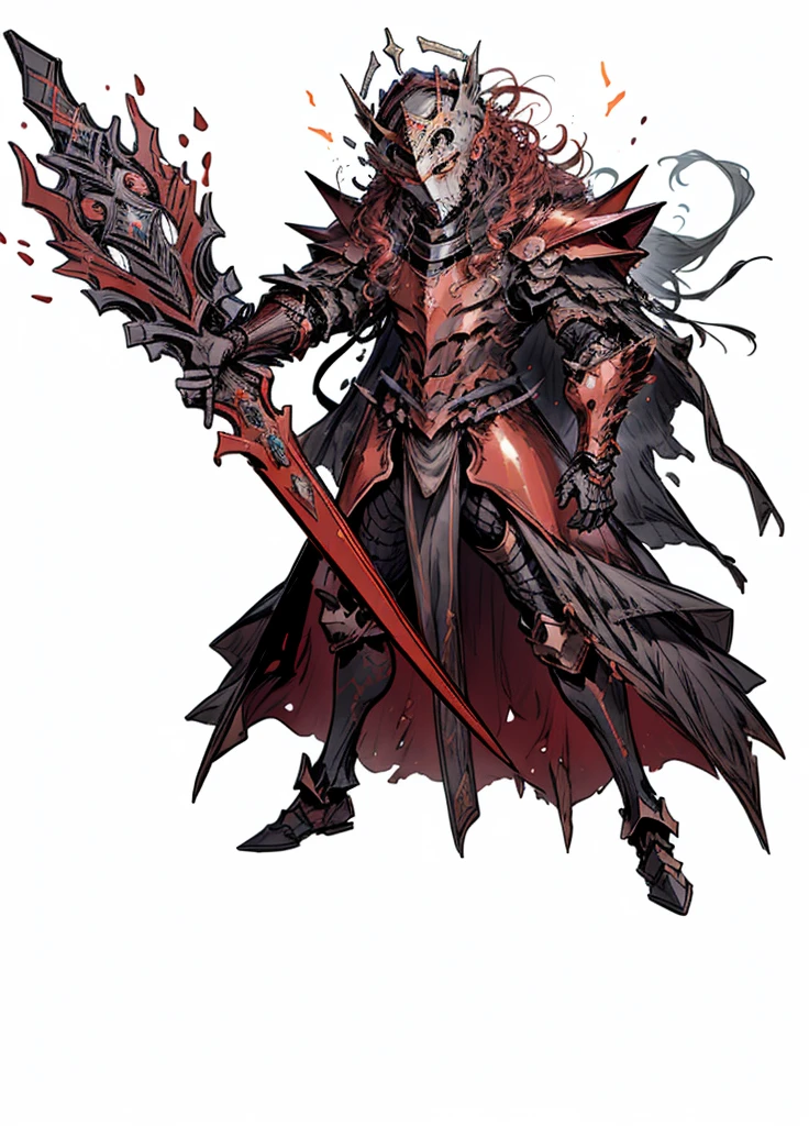 1boy,black crown, full face helmet, Long and curly hairstyle, crimson armor,volcanic knight, fire knight, legendary weapon ,beautiful clothes,(masterpiece, best quality), Angry,muscular, aura of fire