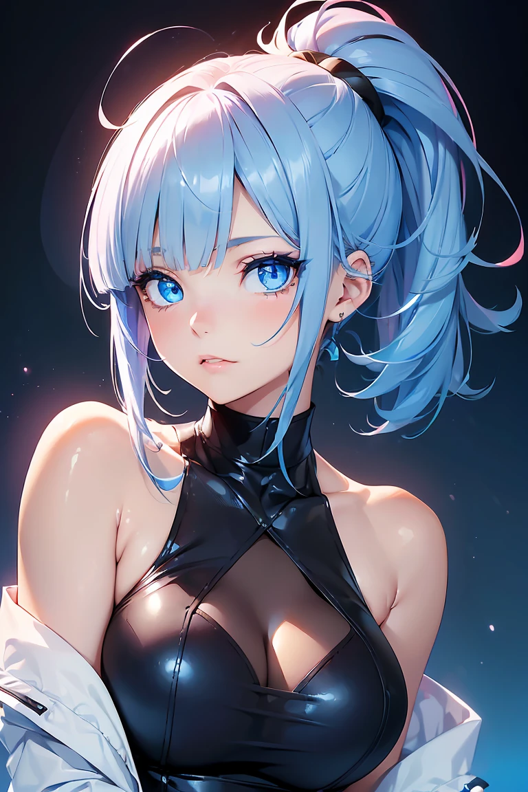 ((1 Girl)), Hair tying pose, Latest Fashion Trends,Cute Fashion, Medium chest, Low Ponytail,sit,((Very detailed,Highest quality, High resolution, 8k wallpaper, Beautiful clothes,)),((Pastel colored hair, Shortcuts,Side Up, ((Asymmetrical bangs)) ,(Bright Blue Eyes),eye shadow, eyeliner,Glowing Eyes, Very detailed目, Complex eyes, Beautiful Eyes, 輝くBright Blue Eyes, 18-year-old girl