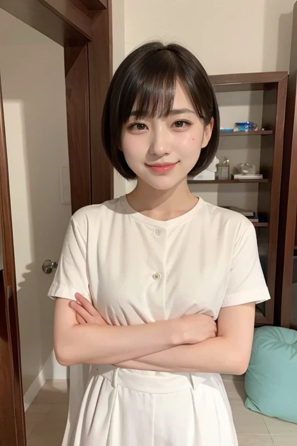 8k, RAW photo, best quality, masterpiece, realistic, photo-realistic, clear, professional lighting, beautiful face, best quality, ultra high res, BREAK (full body 1.3), BREAK realistic Japanese cute, girl,14 years old, short cut hair, smile, BREAK , standing, BREAK classroom