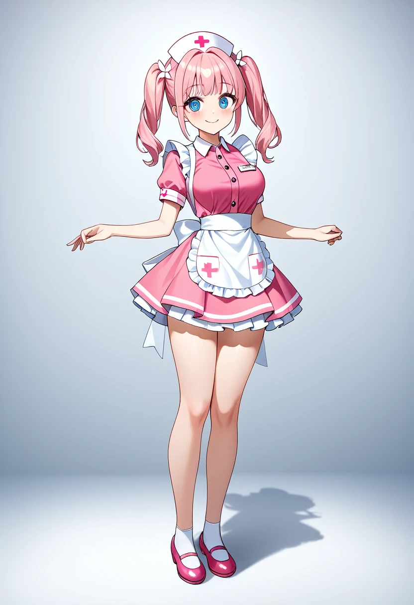 ((Highest quality)), ((masterpiece)), (be familiar with), Perfect Face, Big eyes, Drooping eyes, eyelash, The sparkling light of the eyes, pink nurse maid, apron, nurse cap, (mini skirt), smile, medium breasts, closed mouth, whole body