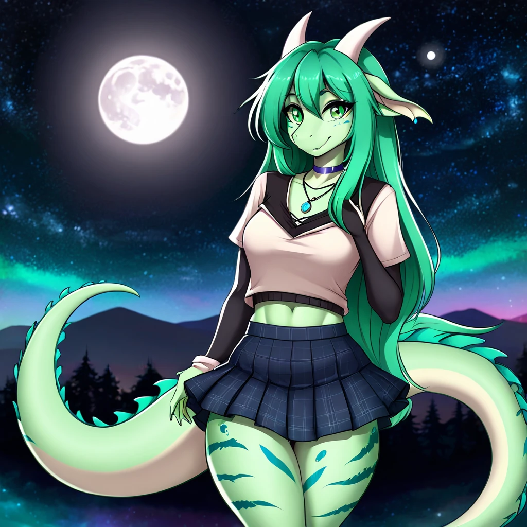 anime style, furry female dragon, anthropomorphic green with light green spots and turquoise stripes, galaxy background, full body photo, moon pendant necklace, long dark green hair and casual clothes with very sexy mini skirt