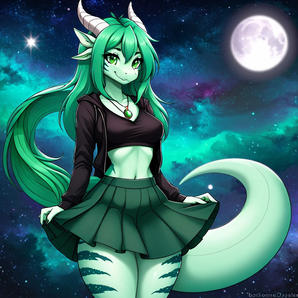 anime style, furry female dragon, anthropomorphic green with light green spots and turquoise stripes, galaxy background, full body photo, moon pendant necklace, long dark green hair and casual clothes with very sexy mini skirt