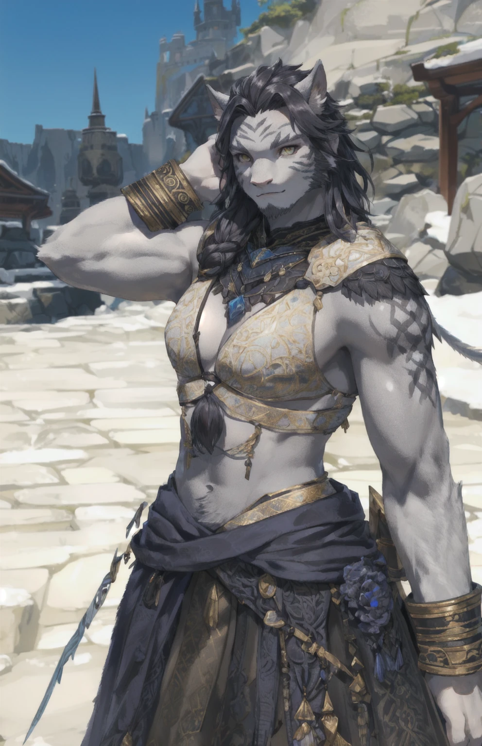 Hrothgar Final fantasy 14, feminine, pale grey skin, small-nose