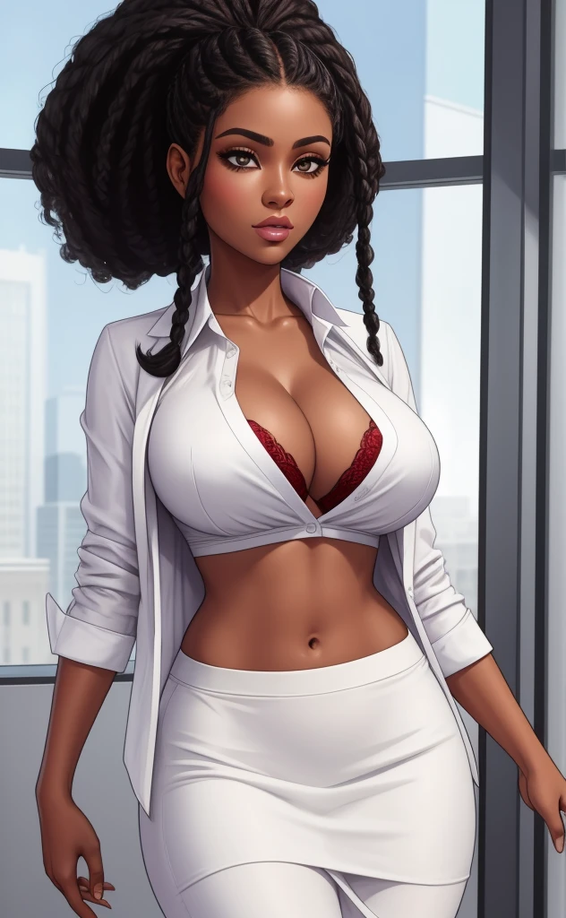 white silk shirt, deep v neck, business suit, , red lace bra, pencil skirt, black woman, black afro cornrows