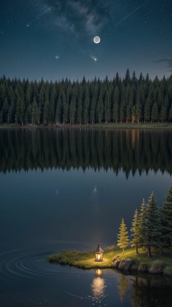 A peaceful night scene with a full moon shining in the starry sky, reflecting in a calm lake. Add some trees around the lake and a faint glow of fireflies, creating a peaceful and magical atmosphere, evoking feelings of renewal and hope.