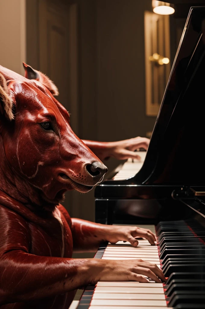 An animated meat playing the piano