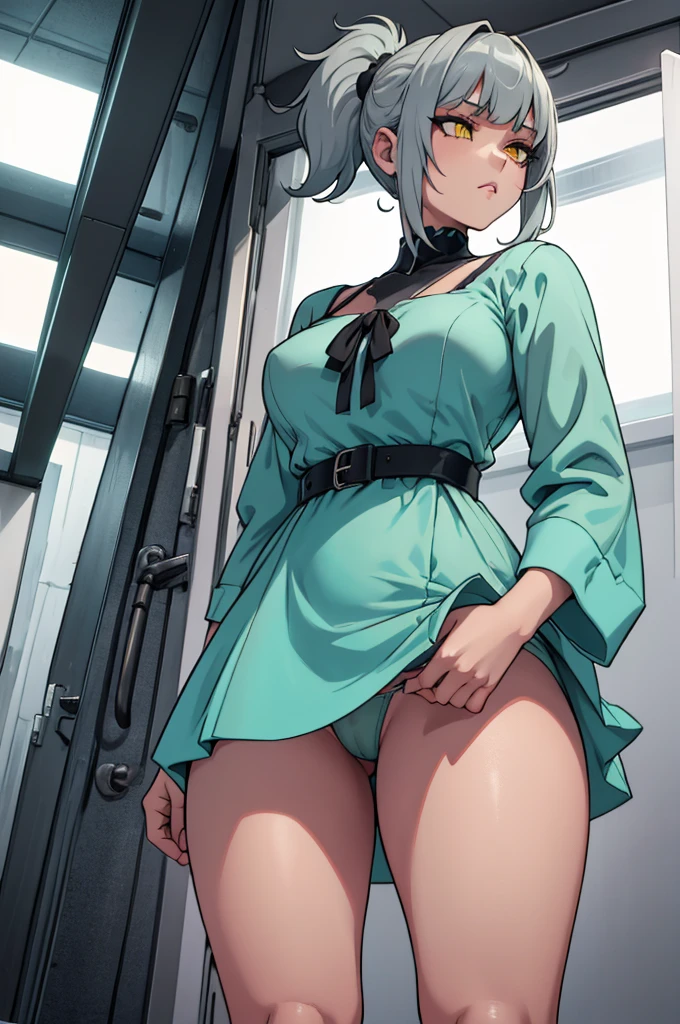 sharp yellow eyes, age girl, from behind, gray hair short turquoise mini dress without underwear thick thighs, turning to front, hair with gray ponytail, with, chara, two-dimensional, standing in female room (view from below) crotch .