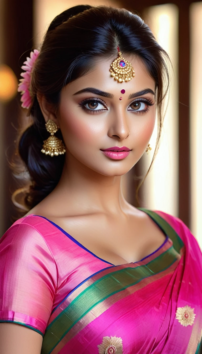 perfect pink eyes, fantastic face, Indian, beautiful look, ((pink lips, bright eyes, curve heir 1.5)), ((beautiful details very big breast )), (Straight round and ultra huge clevage, not sagging breast), A glorious gorgeous, glorious gorgeous face, pretty face, bright eyes, detailed elegant printed pink silk saree, updo elegant hair, blurred dark neon tones background, ultra focus, face ilumined, face detailed, 8k resolution, painted, dry brush, brush strokes, razumov style and garmash style, by Tokaito, ((Full Open )), full body, sexy open thin belly,