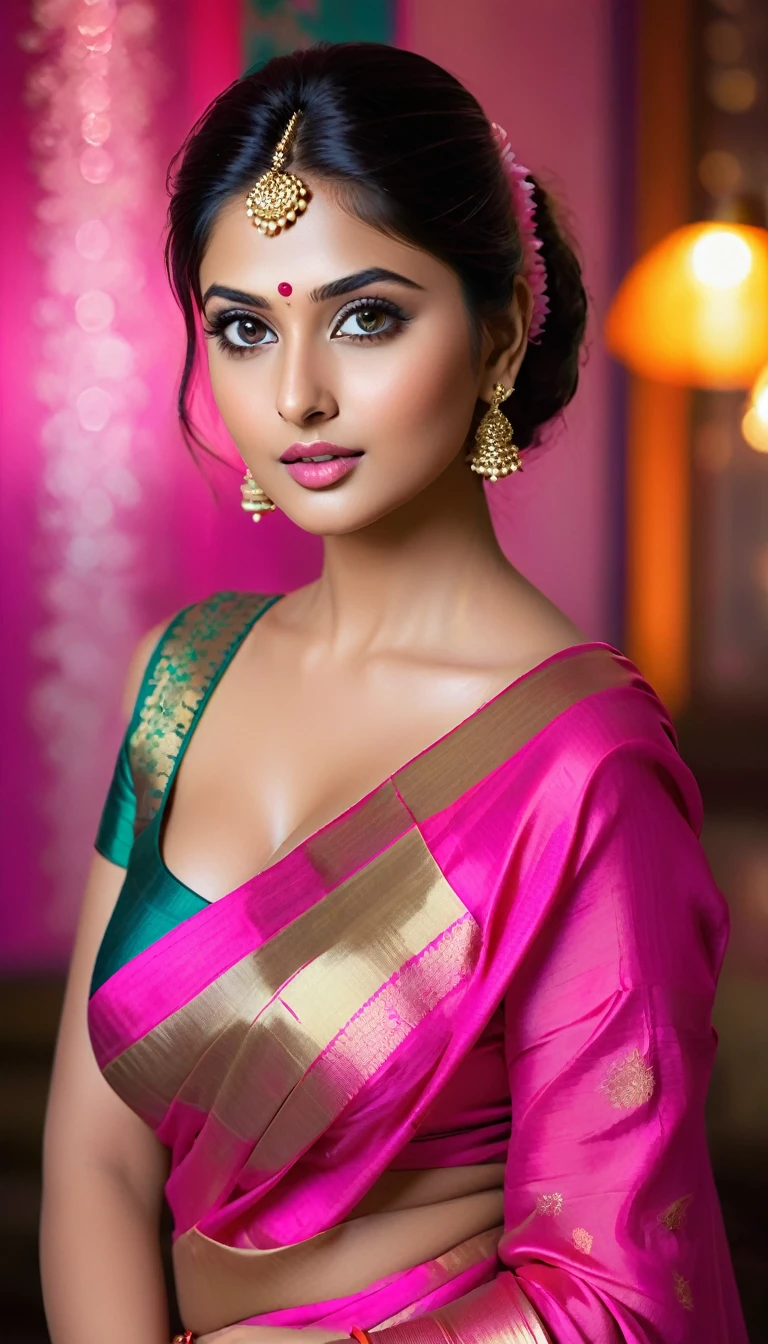 perfect pink eyes, fantastic face, Indian, beautiful look, ((pink lips, bright eyes, curve heir 1.5)), ((beautiful details very big breast )), (Straight round and ultra huge clevage, not sagging breast), A glorious gorgeous, glorious gorgeous face, pretty face, bright eyes, detailed elegant printed pink silk saree, updo elegant hair, blurred dark neon tones background, ultra focus, face ilumined, face detailed, 8k resolution, painted, dry brush, brush strokes, razumov style and garmash style, by Tokaito,  ((Full Open )), full body, sexy open thin belly, 