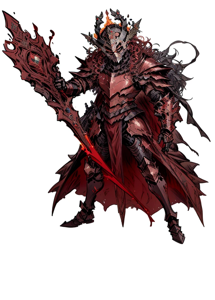 1boy,black crown, full face helmet, Long and curly hairstyle, crimson armor,volcanic knight, fire knight, legendary weapon ,beautiful clothes,(masterpiece, best quality), Angry,muscular, aura of fire