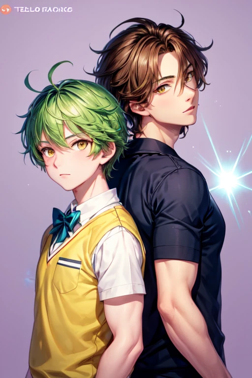 Two masculine men, one is 30 years old,is high, has green hair and yellow eyes and the other is 25 years old, has light brown hair and yellow eyes, both are wearing school clothes, lilac background and telekinesis powers