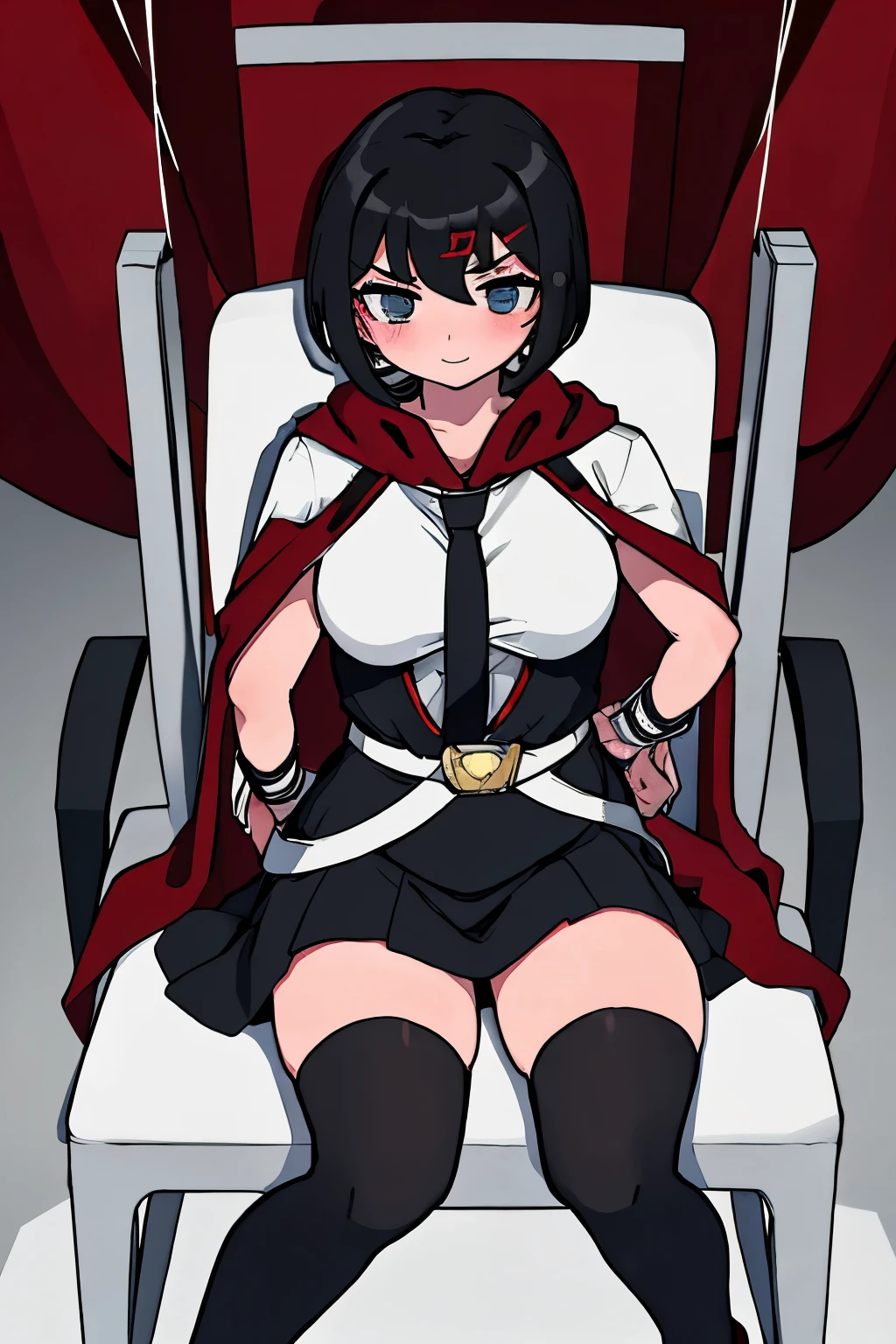 Superheroine gets captured and bound to chair, 1girl, solo, short black hair, black skirt, black thigh highs, red cape, white belt, superheroine suit, superheroine, bound, tied up, bondage, bound to chair, tied to chair, miffed, blushing, white belt, black shirt with white design, tied by ropes