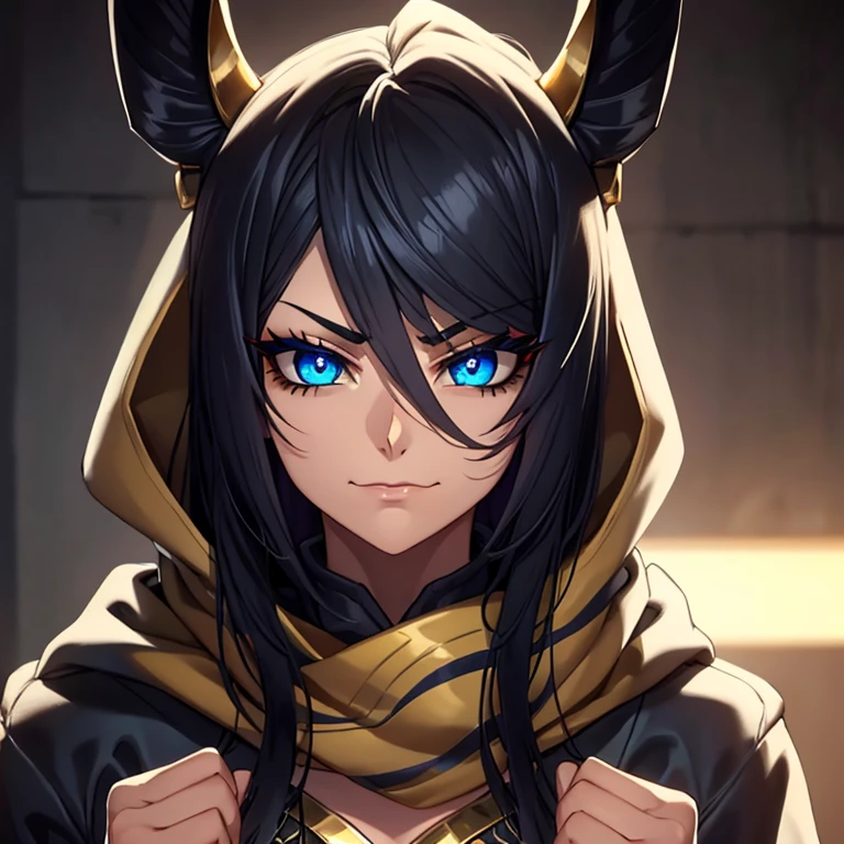 1 girl, solo, godlike, beautifully detailed eyes, hyper detailed face, cinematic lighting, perfect anatomy, perfect hands, scarf, hoodie, black hair, gold hair stripes, long sidelocks, Anubis ears, smug face, blue eyes, Egyptian make up, towards veiwer