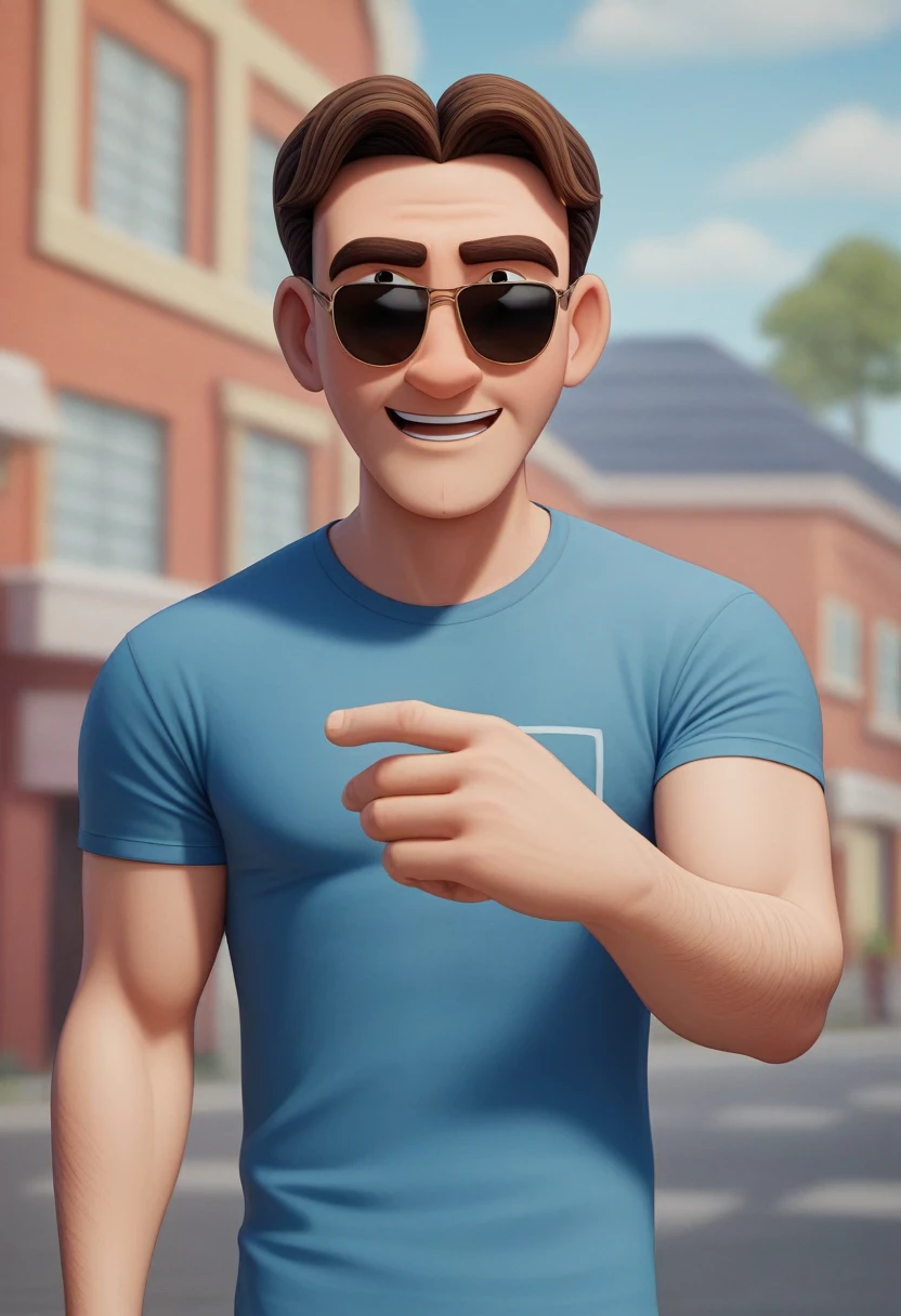 Cartoon character of a man in sunglasses and blue shirt, animation character, stylized character, animation style rendering, 3d stylized, Arnold Maya rendering, Stylized 3D rendering, toon render screenshot, 3d character, 3d character, Stylized 3D rendering, 3D character rendering, cartoon character, Personagem de close up, character posing, (Pixar-style) (master part:1.2) (bokeh) (best qualityer) (skin detailed) (detailed texture) (8K) (Argilla) (cinematic lighting) (sharp focus