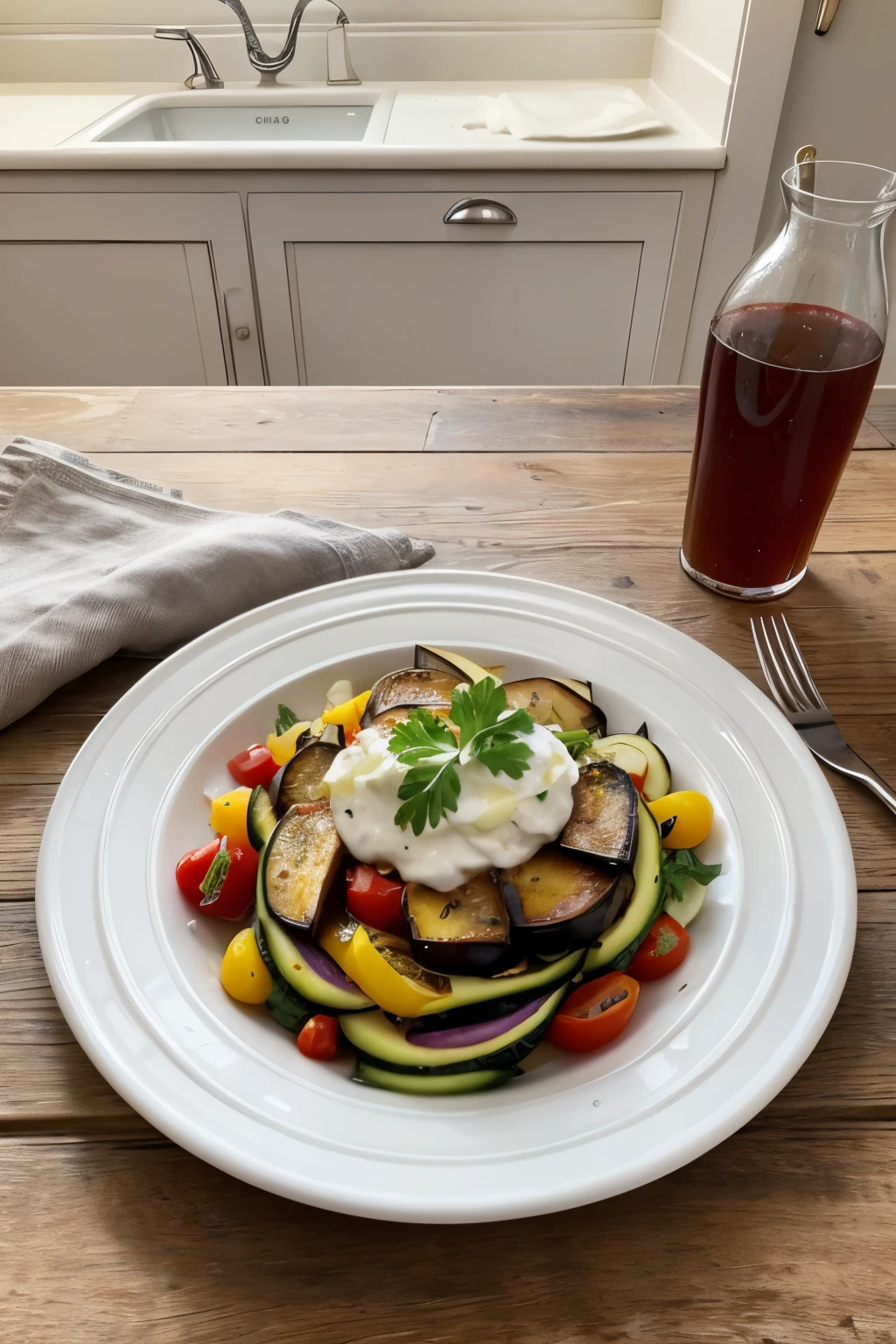 Por favor, generate a realistic image of a typical French Ratatouille dish, artistically arranged on a white plate. The image should capture the essence and details of the food, with vibrant colors of vegetables (Eggplant, zucchini, tomato, bell pepper, onion) arranged in circular layers. The dish should be on a rustic wooden table, with light natural lighting, as if the photo was taken during the day in a charming French kitchen. Also include a linen napkin next to the plate and a silver cutlery partially visible in the photo. The image must have an aesthetic worthy of an Instagram post, showing a dish that has just been prepared and ready to be enjoyed