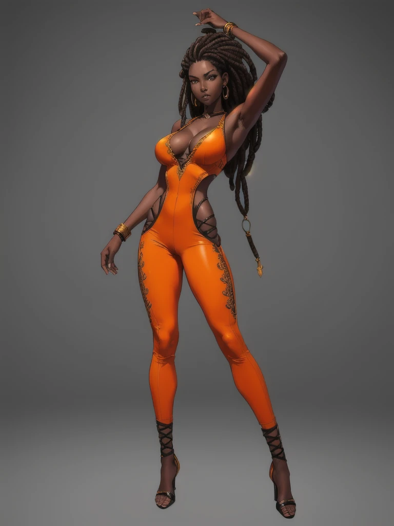 ((best quality)), ((4k)), ((highres)), ((masterpiece:1.2)). ((detailed)), ((ultra realistic)), ((intricate details)), ((full body picture)), ((solo character)), a full body picture of a beautifull Ebony skinned female, black woman, dark skin, ebony princess, ebony model, perfect face, detailed eyes, detailed lips, posing with her arms above her head, ((arms above her head)), about 25 years old, about 5'7 ft. tall, long thin dreadlocks down to her hips, ((emphasis on her long thin dreadlocks down to her hips)), pretty, feminine woman, toned body but not too muscular looking, hourglass figure, dressed in a skin-tight sleeveless full body orange jumpsuit, ((emphasis on the skin-tight sleeveless full body orange jumpsuit)), gold adornments, showing cleavage, glamorous, strappy lace up high, fighting game character concept art, tekken character design, the king of fighters character concept, full bofy, full body concept art, full body art
