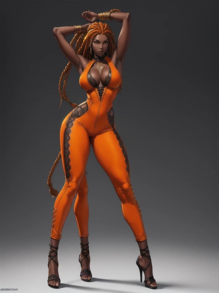 ((best quality)), ((4k)), ((highres)), ((masterpiece:1.2)). ((detailed)), ((ultra realistic)), ((intricate details)), ((full body picture)), ((solo character)), a full body picture of a beautifull Ebony skinned female, black woman, dark skin, ebony princess, ebony model, perfect face, detailed eyes, detailed lips, posing with her arms above her head, ((arms above her head)), about 25 years old, about 5'7 ft. tall, long thin dreadlocks down to her hips, ((emphasis on her long thin dreadlocks down to her hips)), pretty, feminine woman, toned body but not too muscular looking, hourglass figure, dressed in a skin-tight sleeveless full body orange jumpsuit, ((emphasis on the skin-tight sleeveless full body orange jumpsuit)), gold adornments, showing cleavage, glamorous, strappy lace up high, fighting game character concept art, tekken character design, the king of fighters character concept, full bofy, full body concept art, full body art