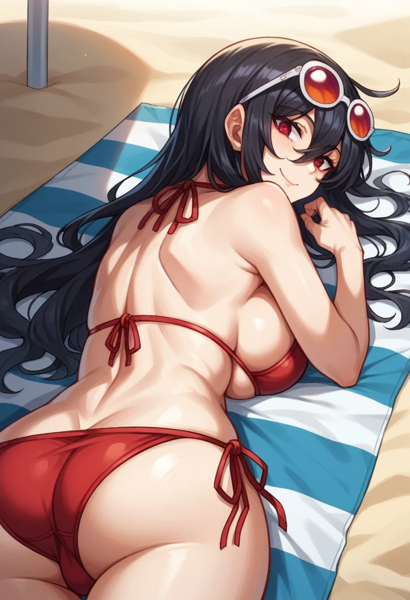 Score_9, Score_8_up, Score_7_up source_anime BREAK cowboy shot, 1 girl, looking back, black hair, messy hair, long hair, red eyes, dark circle bangs, hair between eyes, glasses on head, red bikini, bikini bottom with side tie, sunbathing, tanning bikini untied, breast press, from behind, ass, face down,
big breasts, smile, 
Outdoor, beach, sand, beach towel, sunlight,