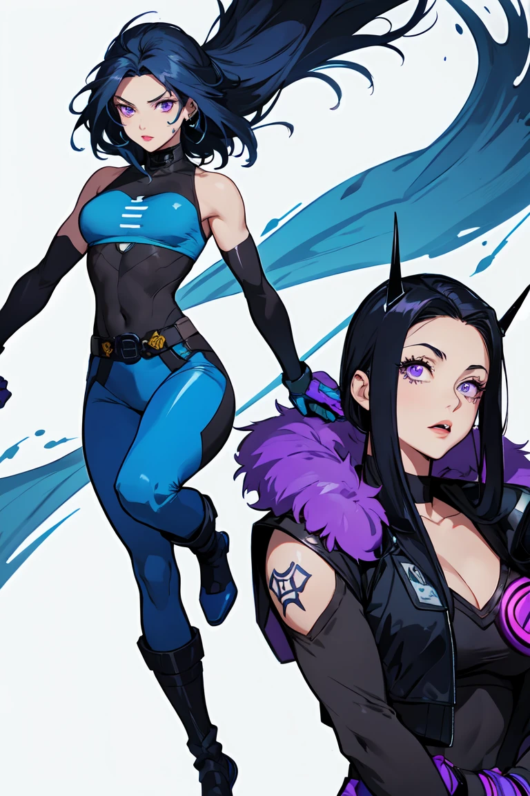 1. Light skinned woman 2. Long spiky navy blue hair/dark 3. lips painted blue and purple 4. Purple eyes 5. Attractive clothing with technological implants whose predominant colors are Blue and Purple (Example Alita from Battle Angel, I will show an example)
6. wears dark blue boots 7. He has blue gloves 8. Both his arms and legs are uncovered., that is to say, his technological combat suit only covers his torso, waist and chest, the elbows, arms and legs are uncovered.
9. Alita Battle Angel combat costume