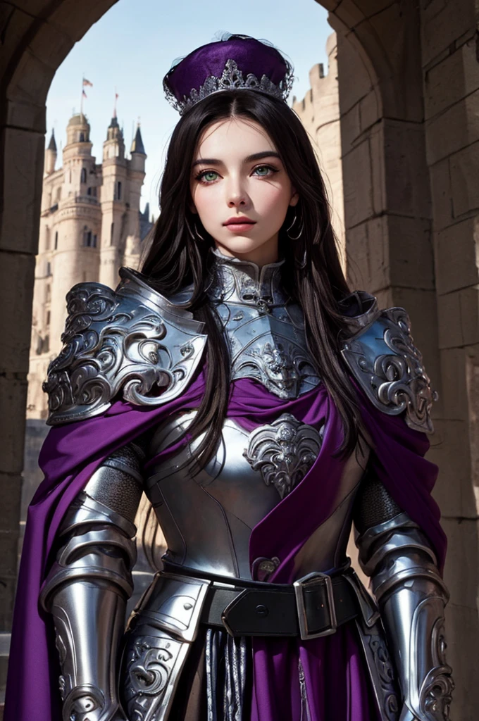 upper body focus, beautiful face, medieval setting, beautiful female knight wearing purple and silver full body plate armor, dark brown long hair, facing the camera, beautiful green eyes, castle in the background, ornate armor decorated in rose theme, purple cloak