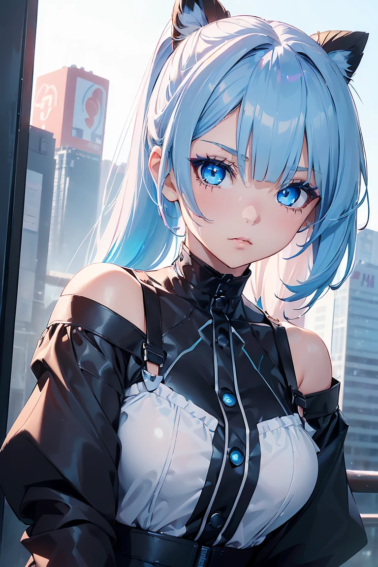 ((1 Girl)), Put your hands behind your head, Cowboy Shot, Latest Fashion Trends,Akihabara Fashion, Medium chest, Low Ponytail,sit,((Very detailed,Highest quality, High resolution, 8k wallpaper, Beautiful clothes,)),((Pastel colored hair, Shortcuts,Side Up, ((Asymmetrical bangs)) ,(Bright Blue Eyes),eye shadow, eyeliner,Glowing Eyes, Very detailed目, Complex eyes, Beautiful Eyes, 輝くBright Blue Eyes, 18-year-old girl
