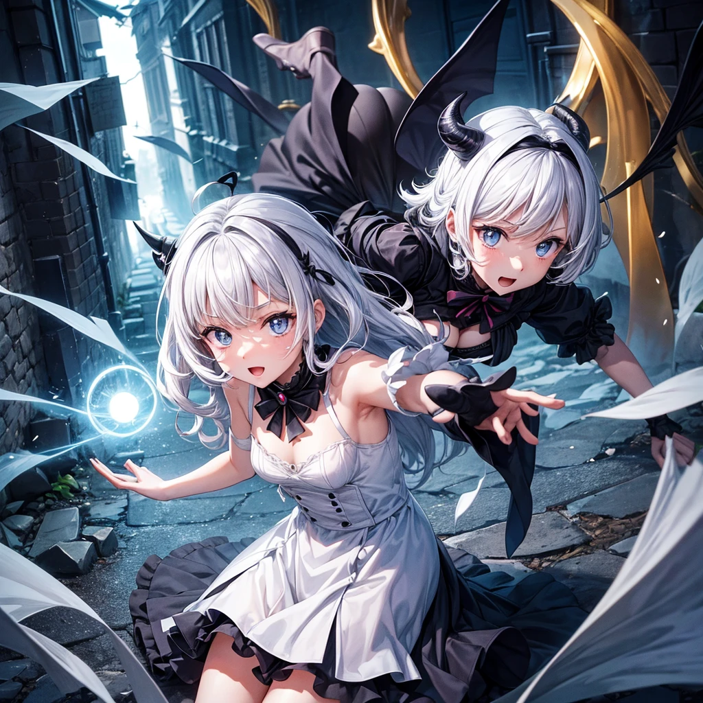 Plans d'animation,dans un style manga,représentants une fille, avec des corne de demons sur la tete,cheveux noir, yeux blanc (( pas de pupille )), tenant une epee de lumiere, combattants des chasseur,dans une ruelle sombre, d'une cite médiévale.
