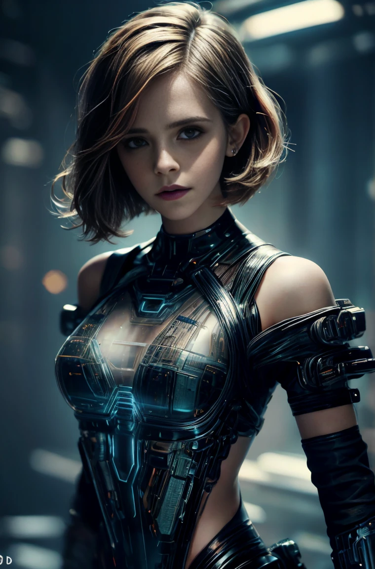 Emma Watson, Beautiful girl in cyberpunk scene with medium breasts, medium-bob hair, (see-through, lower breasts), visible from dress, upper-body, portrait