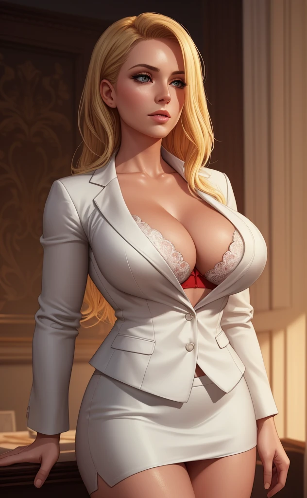 A beautiful woman in a white silk shirt, deep v-neck, business suit, red lace bra, blonde hair, skirt, blazer, elegant, confident pose, high quality, realistic, photorealistic, 8k, ultra-detailed, cinematic lighting, dramatic shadows, glowing skin, masterpiece