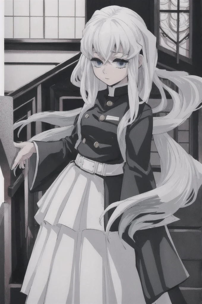 girl with short white hair, white eyes, demon slayer uniform, highly detailed high contrast hd masterpiece of best quality in high resolution