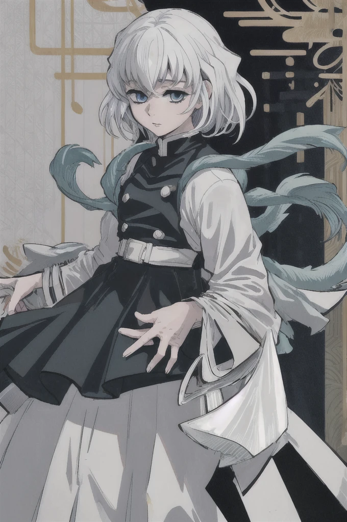 girl with short white hair, white eyes, demon slayer uniform, highly detailed high contrast hd masterpiece of best quality in high resolution