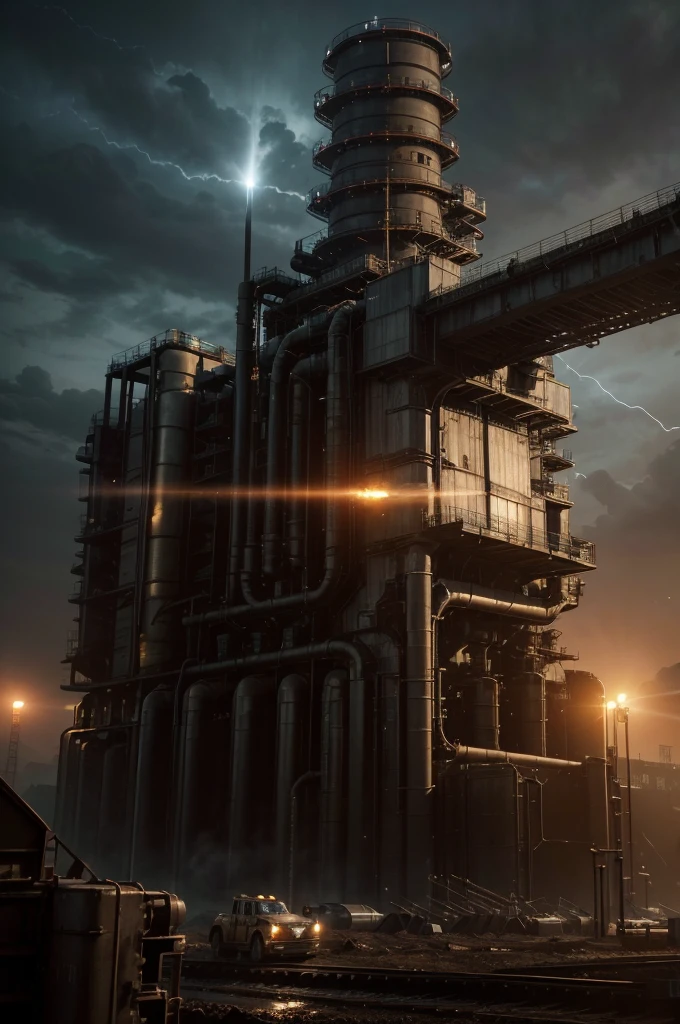 Create an ultra-realistic image of a dystopian, futuristic factory where advanced machinery is extracting energy resources, using human slaves as labor. The scene should depict a massive, industrial complex with towering, ominous structures made of dark metals and advanced engineering.
The factory should be filled with intricate machinery, including robotic arms and conveyor belts, tirelessly working to extract and process energy resources. These machines should have a sleek yet menacing design, with glowing lights indicating their active status.
Human slaves, dressed in ragged, dirty clothing, should be seen performing various tasks under the watchful eyes of robotic overseers. These overseers should have an imposing, metallic appearance with glowing red eyes and advanced weaponry, ensuring complete control over the human laborers.
The factory environment should be harsh and oppressive, with large pipes emitting steam and smoke, and the air thick with pollution. Convey a sense of relentless industrial activity, with loud machinery noises and an atmosphere filled with tension and despair.
Include energy resource extraction points where the machinery is actively drilling into the ground or processing raw materials. These areas should be brightly illuminated by artificial lights, contrasting sharply with the dark and grim surroundings.
In the background, towering storage tanks and massive reactors should be visible, indicating the scale of the operation. The sky above the factory should be dark and polluted, with occasional flashes of lightning adding to the foreboding atmosphere.
Ensure the overall quality is photorealistic, capturing every intricate detail of the advanced machinery, the suffering of the human slaves, and the oppressive industrial environment. The image should evoke a sense of horror and hopelessness, highlighting the bleak reality of a world dominated by ruthless technological exploitation