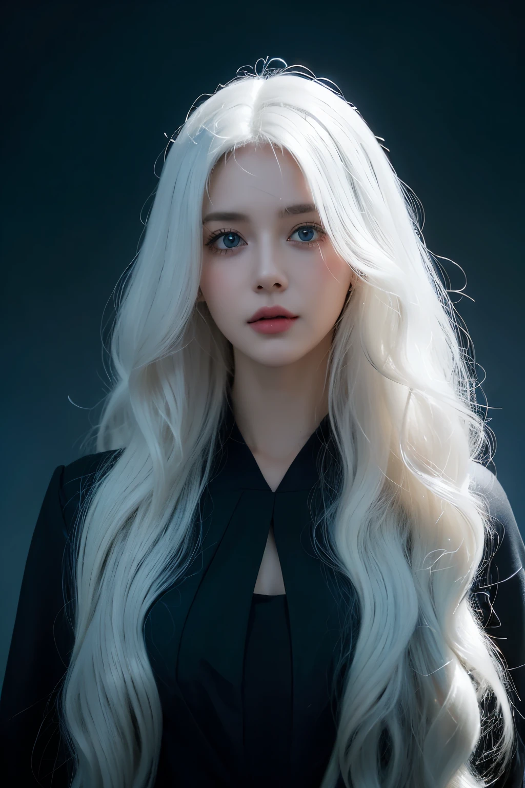 1 woman, White long curly hair,Natural and beauty hair, clean and beauty. White hair. Blue natural eyes. Black clothes. Black, shadows. Night. Fondo oscuro, sin luz. Mortem. La muerte. Enfermedad, camilla, hospital. Black dress, vendas.