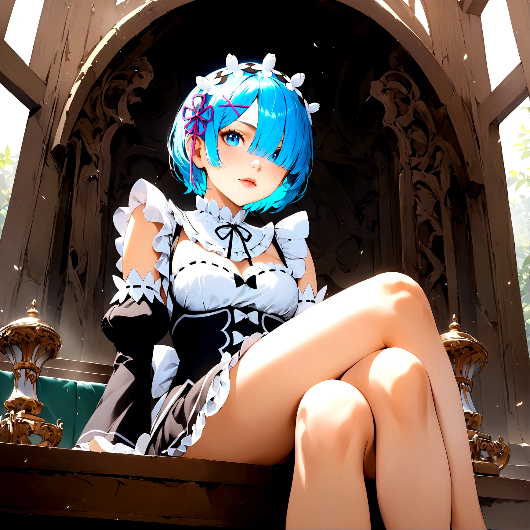 score_9, score_8_up, score_7_up, rem_\(re:zero\)
blue_eyes,hair_over_one_eye,short_hair,blue_hair,hair_ribbon,roswaal_mansion_maid_uniform, 1girl, solo, sitting, crossed legs, from below
Masterpiece, best quality, detailed eyes, perfect face, award winning, hyper-realistic