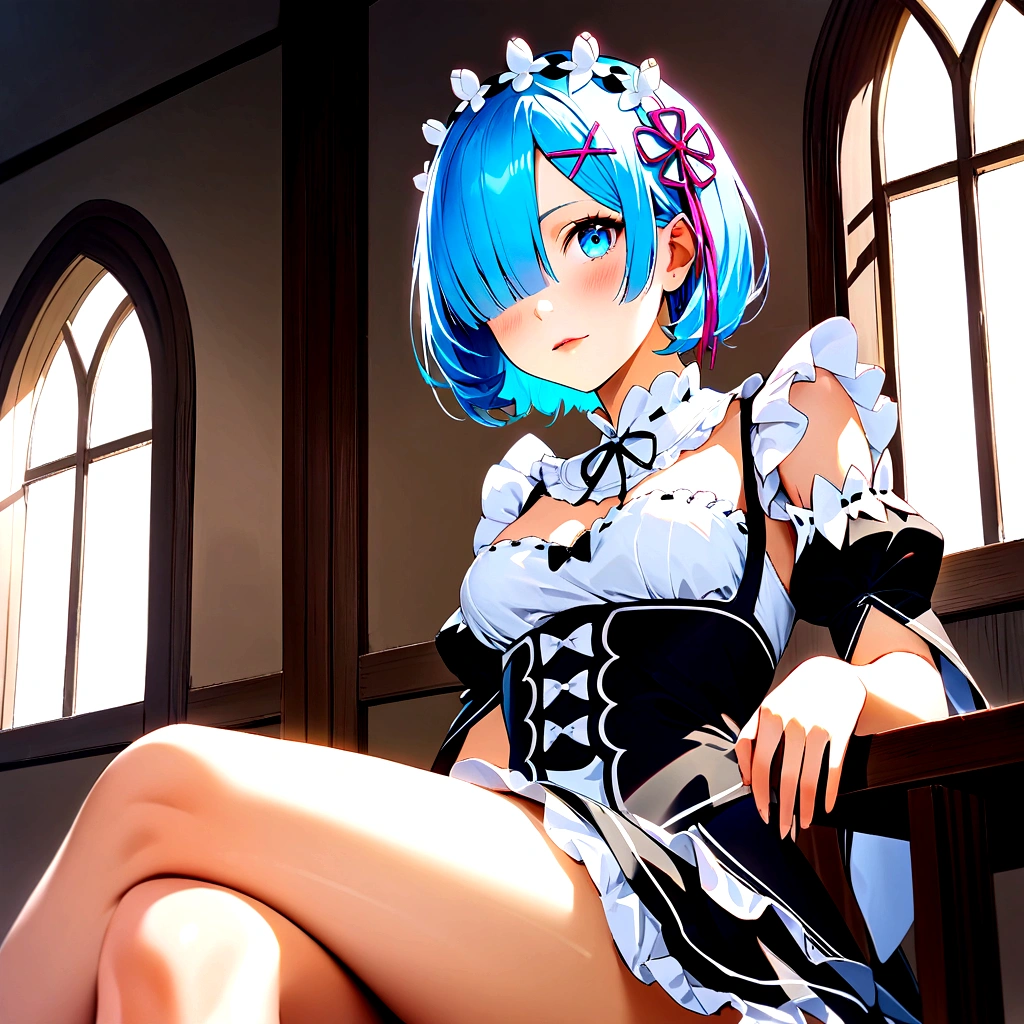 score_9, score_8_up, score_7_up, rem_\(re:zero\)
blue_eyes,hair_over_one_eye,short_hair,blue_hair,hair_ribbon,roswaal_mansion_maid_uniform, 1girl, solo, sitting, crossed legs, from below
Masterpiece, best quality, detailed eyes, perfect face, award winning, hyper-realistic