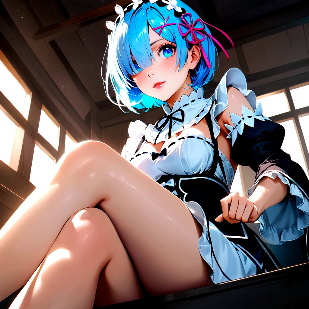 score_9, score_8_up, score_7_up, rem_\(re:zero\)
blue_eyes,hair_over_one_eye,short_hair,blue_hair,hair_ribbon,roswaal_mansion_maid_uniform, 1girl, solo, sitting, crossed legs, from below
Masterpiece, best quality, detailed eyes, perfect face, award winning, hyper-realistic