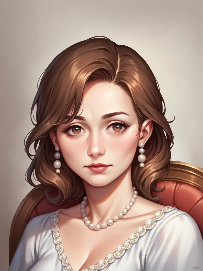 ((Best quality)), ((masterpiece)), (detailed), 3/4 illustration of a middle aged female character with soft short shoulder length brown hair and hazel eyes, motherly, milf, full figure, soft expression, older, aged 40, digital art painting style, digital portrait, loose white blouse, pearls, sitting in chair, 