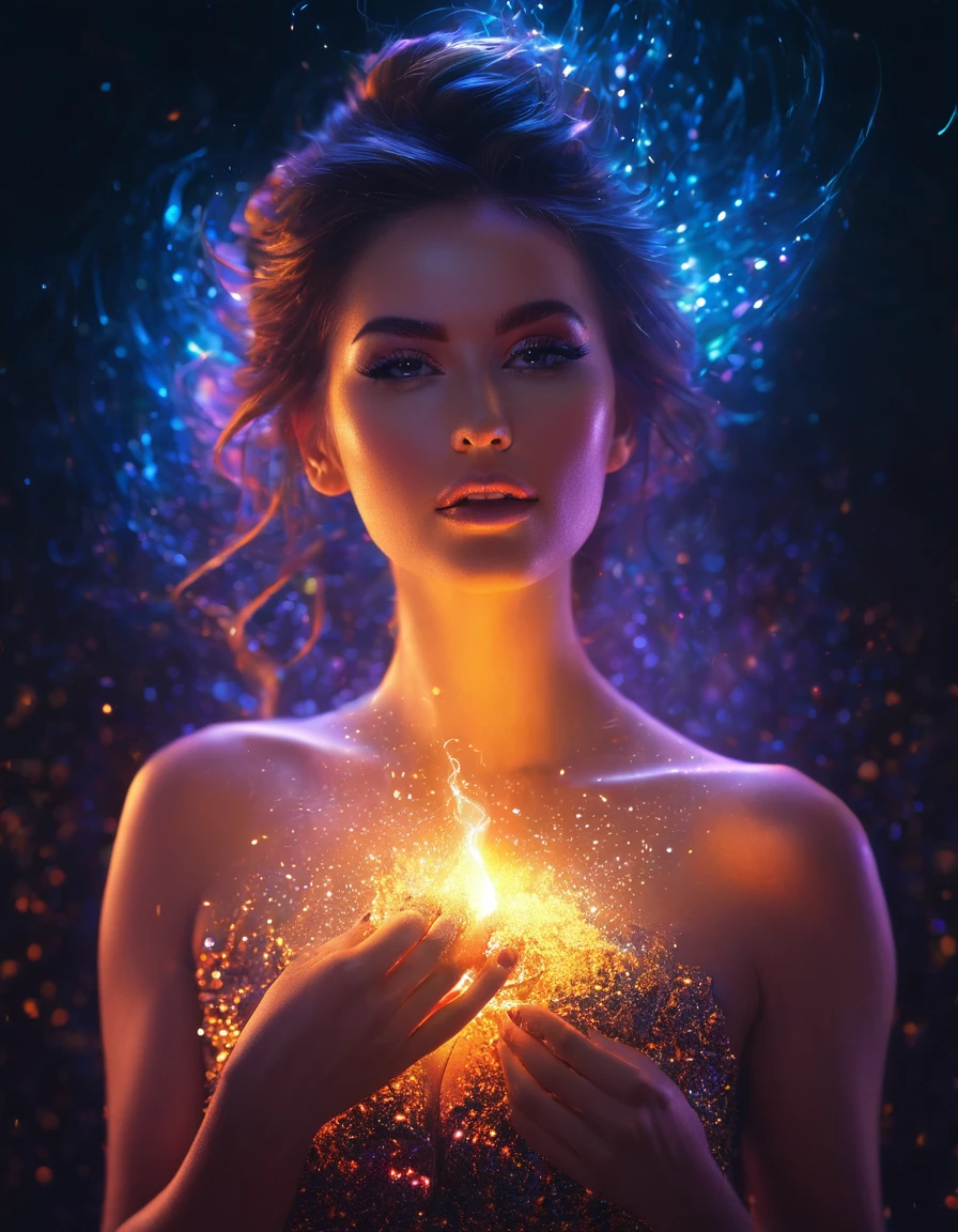 ((Best quality)) женщина в изумрудном платье со светящимися fireками на теле, tornado, smoke, smoky fractal, vortex, fire, digital art by Mike Winkelmann, winner of the cgsociety competition, digital art, glowing magical shiny skin, beautiful digital artwork, Luminous details, Glowing particles, light effect. Female, fabulous gorgeous lighting, Glowing dust, ethereal glow, glows with colored light, Brandon Woelfel, 8 k realistic digital art