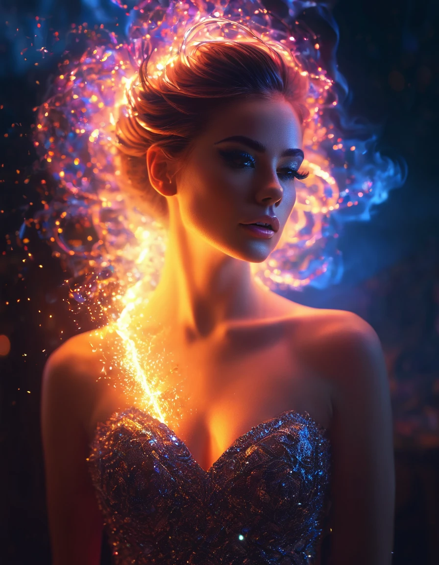 ((Best quality)) женщина в изумрудном платье со светящимися fireками на теле, tornado, smoke, smoky fractal, vortex, fire, digital art by Mike Winkelmann, winner of the cgsociety competition, digital art, glowing magical shiny skin, beautiful digital artwork, Luminous details, Glowing particles, light effect. Female, fabulous gorgeous lighting, Glowing dust, ethereal glow, glows with colored light, Brandon Woelfel, 8 k realistic digital art