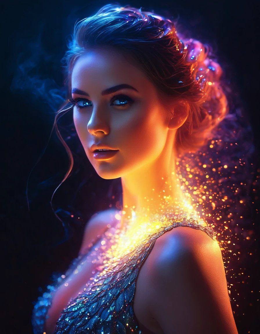 ((Best quality)) женщина в изумрудном платье со светящимися fireками на теле, tornado, smoke, smoky fractal, vortex, fire, digital art by Mike Winkelmann, winner of the cgsociety competition, digital art, glowing magical shiny skin, beautiful digital artwork, Luminous details, Glowing particles, light effect. Female, fabulous gorgeous lighting, Glowing dust, ethereal glow, glows with colored light, Brandon Woelfel, 8 k realistic digital art