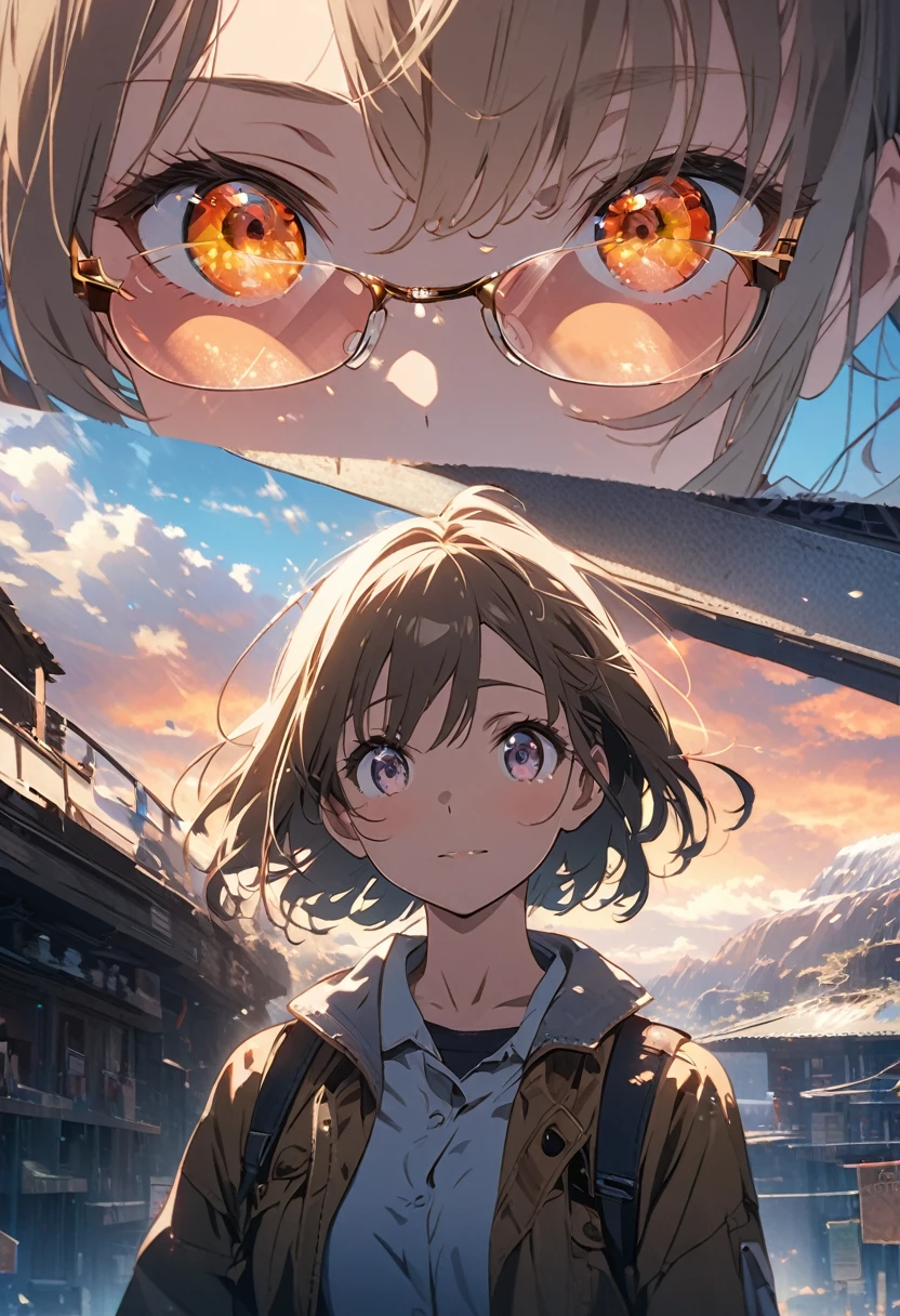 Award-winning anime illustration of a macro photo on the lenses of women's glasses, close up view of her glasses lenses that the reflection in her glasses is visible, ((reflection of an urban landscape in the lenses of glasses):1.5),shiny and mesmerizing eyeglass lenses. | Rendered in ultra-high definition with UHD and retina quality, this masterpiece ensures anatomical correctness and textured skin with super detail. Focusing on high quality and precision, This award-winning portrait captures every nuance in stunning 16k resolution, immersing viewers in its realistic depiction. Avoid extreme angles or exaggerated expressions to maintain realism. ((perfect_composition, perfect_project, perfect_layout, perfect_detail, ultra_detailed)), ((melhorar_everyone, fix_everything)), Mais details, melhorar.